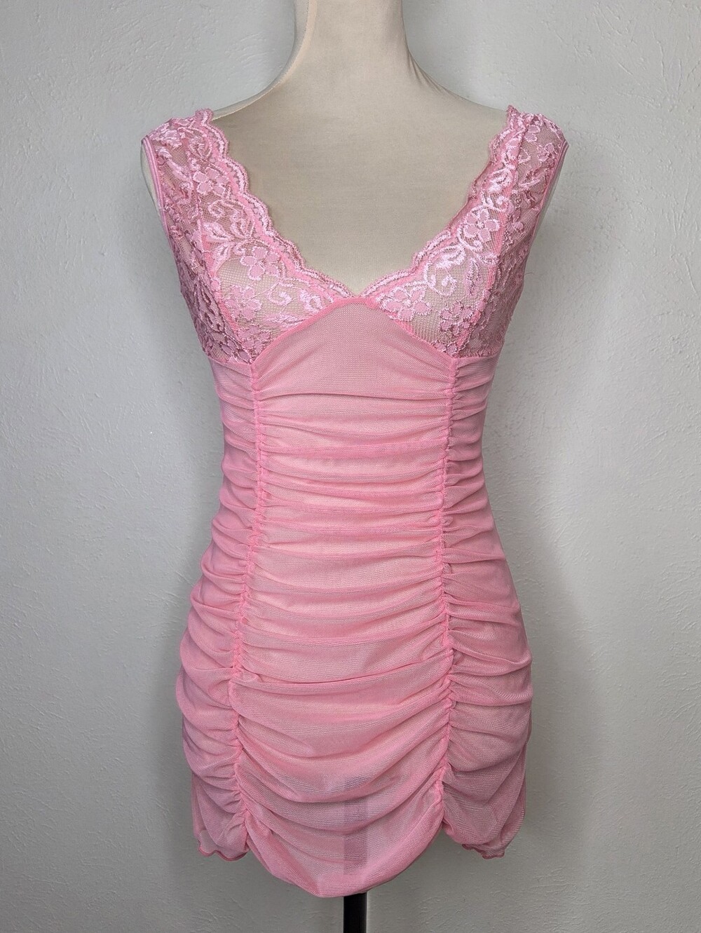 Y2K Pink Ruched Lace Mesh Chemise Babydoll Lingerie Small Coquette
